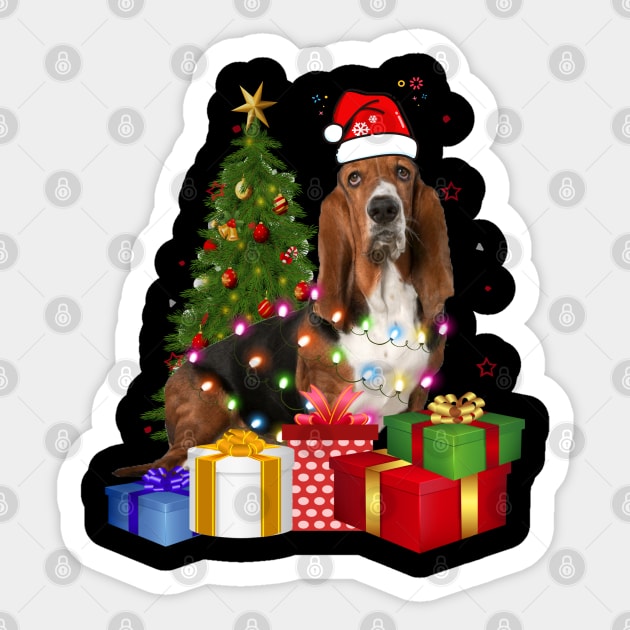 Basset Hound Christmas Tree Santa Hat Funny Xmas Gift Dog T-Shirt Sticker by CoolTees